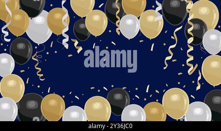 Festlicher Rahmen mit goldenen, silbernen und schwarzen Ballons Stock Vektor