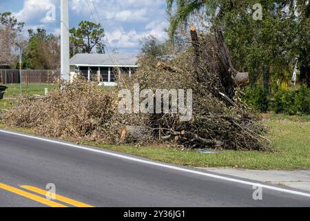 Haufen von Gliedmaßen und Ästen, Trümmer von Hurrikanwinden auf der Straße, die auf die Abholung von einem Bergungswagen in Wohngebieten warten. Konsequenzen der Natur Stockfoto