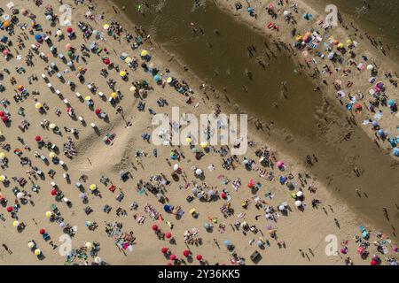 Aus der Vogelperspektive auf einen überfüllten Sandstrand an der niederländischen Küste. Viele Leute und bunte Sonnenschirme und Handtücher. niederlande aus - belgien aus Stockfoto