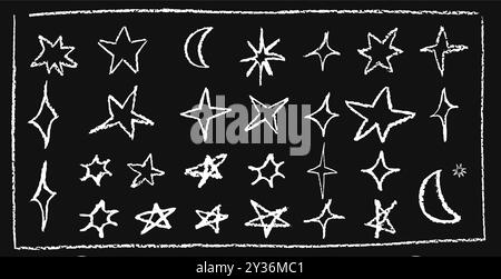 Ein lustiges Set wie ein Kind, das weiße Sterne und einen Halbmond zeichnet. Sammlung von geometrischen Elementen der Wachsbleistiftstruktur. Nachthimmel-Symbole kritzeln. Rauer Buntstift oder Stock Vektor