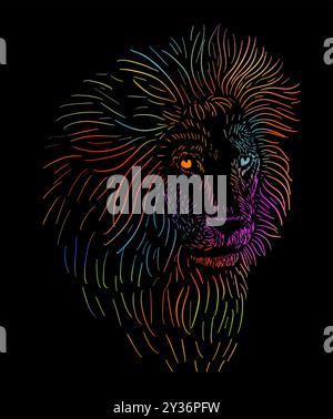 Löwe auf schwarzem Hintergrund. Grafikdesign auf einem T-Shirt. Handzeichnung. Nicht AI, Vektorillustration. Stock Vektor
