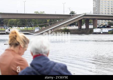 Ein Teil der Carolabrücke in Dresden ist auf einer Länge von rund 100 Metern eingestürzt. Zahlreiche Schaulustige und Katastrophen-Touristen kommen an die Elbe, besonders auf die Brühlsche Terrasse, um einen Blick auf die eingestürzten Brückenteile zu werfen und Handyfotos zu machen. Die Carolabrücke ist eine der vier Elbbrücken in der Dresdner Innenstadt. Sie werden im Süden in der Altstadt durch den Rathenauplatz und im Norden in der Inneren Neustadt durch den Carolaplatz begrenzt. Von 1971 bis 1991 trug die Brücke nach dem früheren sächsischen Ministerpräsidenten und Dresdner Oberbürgermeiste Stockfoto