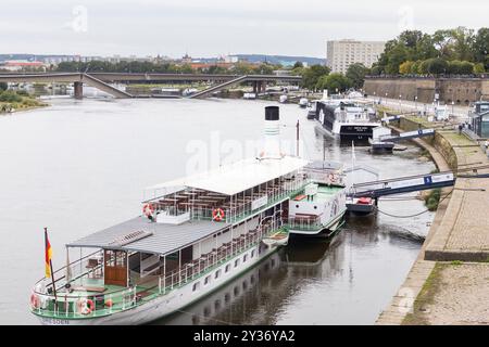 Ein Teil der Carolabrücke in Dresden ist auf einer Länge von rund 100 Metern eingestürzt. Zahlreiche Schaulustige und Katastrophen-Touristen kommen an die Elbe, besonders auf die Brühlsche Terrasse, um einen Blick auf die eingestürzten Brückenteile zu werfen und Handyfotos zu machen. Die Carolabrücke ist eine der vier Elbbrücken in der Dresdner Innenstadt. Sie werden im Süden in der Altstadt durch den Rathenauplatz und im Norden in der Inneren Neustadt durch den Carolaplatz begrenzt. Von 1971 bis 1991 trug die Brücke nach dem früheren sächsischen Ministerpräsidenten und Dresdner Oberbürgermeiste Stockfoto