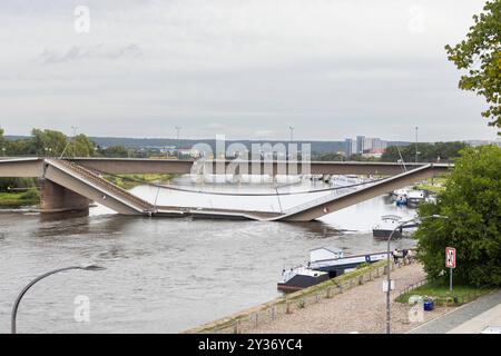 Ein Teil der Carolabrücke in Dresden ist auf einer Länge von rund 100 Metern eingestürzt. Zahlreiche Schaulustige und Katastrophen-Touristen kommen an die Elbe, besonders auf die Brühlsche Terrasse, um einen Blick auf die eingestürzten Brückenteile zu werfen und Handyfotos zu machen. Die Carolabrücke ist eine der vier Elbbrücken in der Dresdner Innenstadt. Sie werden im Süden in der Altstadt durch den Rathenauplatz und im Norden in der Inneren Neustadt durch den Carolaplatz begrenzt. Von 1971 bis 1991 trug die Brücke nach dem früheren sächsischen Ministerpräsidenten und Dresdner Oberbürgermeiste Stockfoto