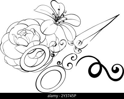 Schere mit Blume. Vintage-Nähwerkzeuge. Konzept von Kreativität und Kunstfertigkeit, da die Blume und die Schere als Symbol für Schneiden und verwendet werden Stock Vektor