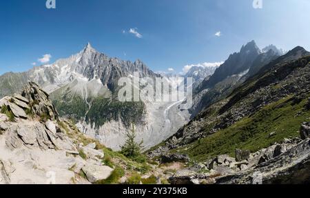 Mer de Glace vom Signal forbes mit Blick auf die aiguilles de Chamonix und die aiguille du dru Stockfoto