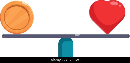 Herz und Münzbalancierung auf einer Wippe repräsentieren das Konzept der Ethik in der Wirtschaft Stock Vektor