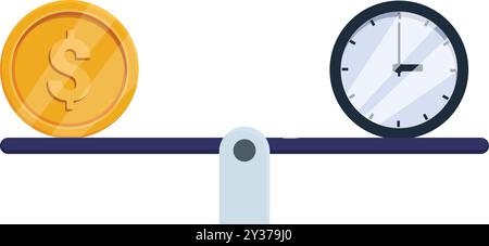 Diese Vektorabbildung zeigt das Konzept, dass Zeit und Geld auf einer Wippe ausgeglichen werden Stock Vektor