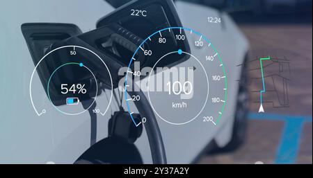 Abbildung der Lade- und Tachometeranzeigen über dem Elektroauto am Ladeanschluss Stockfoto