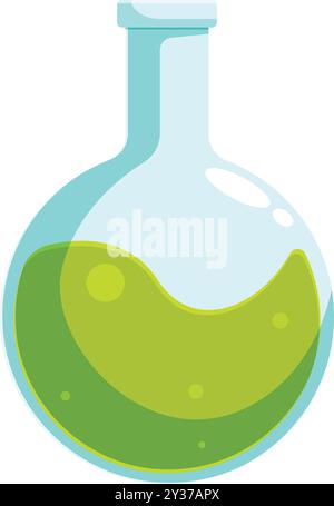 Rundkolben mit grüner chemischer Substanz, Laborglas für wissenschaftliche Experimente Stock Vektor