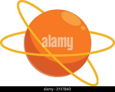 Der orangene Planet im Cartoon-Stil rotiert mit zwei Orbitalringen, was auf einen in Bewegung befindlichen Himmelskörper hindeutet Stock Vektor