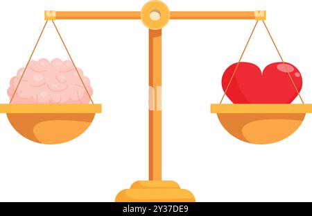 Goldene Waage mit rotem Herz und rosa Hirn, die das Gleichgewicht zwischen Logik und Gefühlen darstellt Stock Vektor