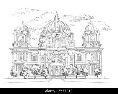 Deutschland handgezeichnetes Wahrzeichen. Detaillierte Architektur des Berliner Doms Vektorillustration. Handgezeichnete Skizze mit Anziehungskraft. Trendiger Gravurstil Stock Vektor