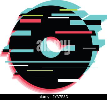 Schwarze cd-Glitching mit türkisfarbenen und roten Formen auf weißem Hintergrund, ideal für Musik- und Technologiekonzepte Stock Vektor