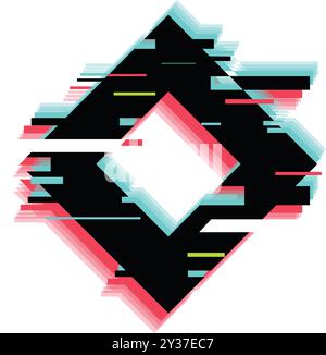 Abstrakter geometrischer Hintergrund mit Glitch-Effekt, der eine schwarze Diamantform mit bunten Linien auf weißem Hintergrund bildet Stock Vektor