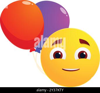 Das fröhliche Emoji hält zwei lebhafte Ballons, die Freude und Spannung ausstrahlen, um ein besonderes Ereignis zu feiern Stock Vektor