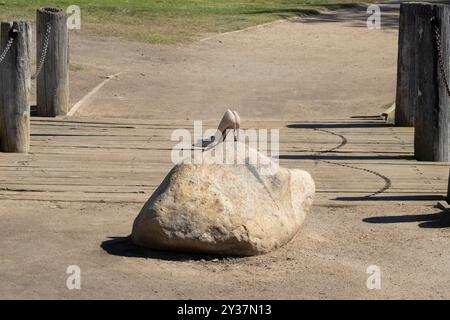 Ein Paar beige Absätze, die auf einem Felsen in der Nähe einer Holzbrücke sitzen Stockfoto