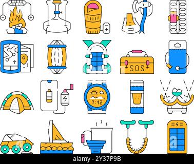 Adventure Equipment Collection Icons Set Vektor flach Stock Vektor