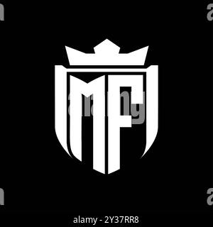 MF-Letter-Logo mit Schildform in Schildkrone auf schwarzem Hintergrund Stockfoto