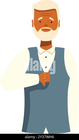 Ein älterer schwarzer Mann, der eine Weste trägt, eine Geste nach unten macht, eine Idee oder Situation missbilligt Stock Vektor