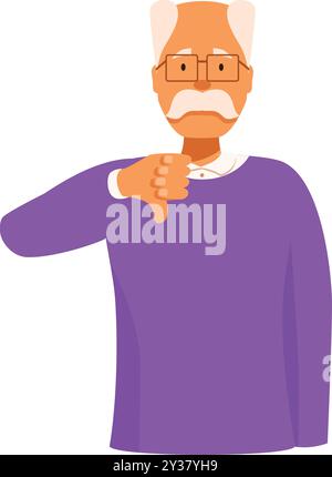 Unglücklicher Senior-Mann mit Schnurrbart und Brille, die Daumen nach unten zeigt, etwas ablehnt oder nicht einverstanden ist Stock Vektor