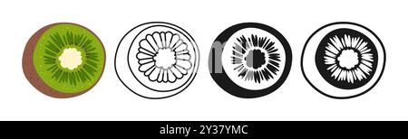 Kiwi Symbol Zeichentrickset. Halb Kiwi lineares Doodle-Symbol. Abstrakte, farbenfrohe, kindliche, handgezeichnete Kawaii-Frucht. Schildergrafik stilisierte Kiwi einfache, niedliche lineare Kunst. Vektor Clipart Grafik trendige Illustration Stock Vektor