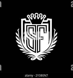 SF Letter Logo mit heraldischer Schildform mit Krone, Vintage-Schild auf schwarzem Hintergrund Stockfoto