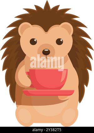 Cartoon-Igel hält vorsichtig eine Tasse heißes Getränk auf einer Untertasse Stock Vektor