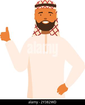 Ein lächelnder, bärtiger arabischer Geschäftsmann trägt Keffiyeh und zeigt die Daumen nach oben Stock Vektor