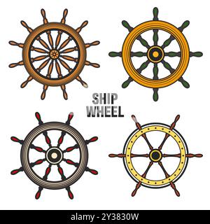 Vintage-Lenkräder aus Holz. Retro-Rad-Symbol für Schiff, Segelboot oder Yacht. Farbenfrohe Rudersymbole. Designelement für Marine-Logotypen. Vektor Stock Vektor
