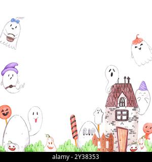 Hand gezeichnete Aquarelle halloween-Geister und gespenstische Hausrahmengrenze isoliert auf weißem Hintergrund. Kann für Postkarten, Etiketten, Scrapbook usw. verwendet werden Stockfoto