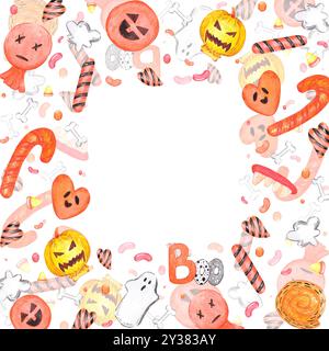 Hand gezeichnet Aquarell halloween behandelt Rahmenrand isoliert auf weißem Hintergrund. Kann für Postkarten, Etiketten, Scrapbook und andere gedruckte Produkte verwendet werden Stockfoto