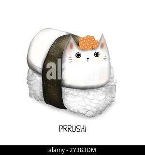 Lustige Handzeichnung Illustration mit Sushi, das wie eine Katze aussieht. Stockfoto