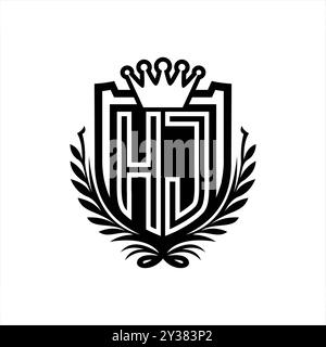 Heraldische Schildform mit HJ-Letter-Logo und Krone, Vintage-Schild auf weißem Hintergrund Stockfoto