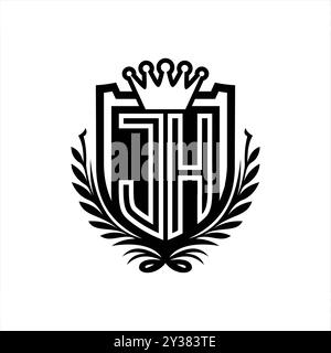 JH Letter Logo mit heraldischer Schildform mit Krone, Vintage-Schild auf weißem Hintergrund Stockfoto