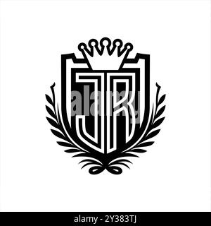 JR Letter Logo in heraldischer Schildform mit Krone, Vintage-Schild auf weißem Hintergrund Stockfoto