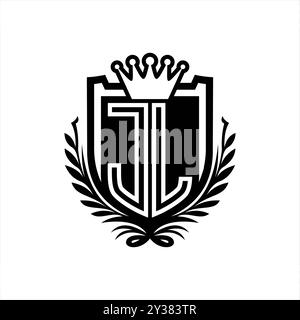 JL Letter Logo mit heraldischer Schildform mit Krone, Vintage-Schild auf weißem Hintergrund Stockfoto