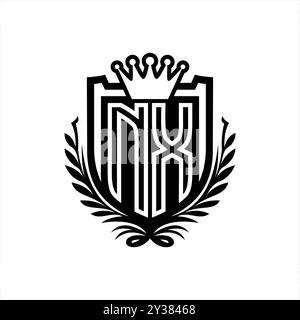 Heraldische Schildform mit NX-Letter-Logo und Krone, Vintage-Schild auf weißem Hintergrund Stockfoto