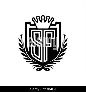 SF Letter Logo mit heraldischer Schildform mit Krone, Vintage-Schild auf weißem Hintergrund Stockfoto