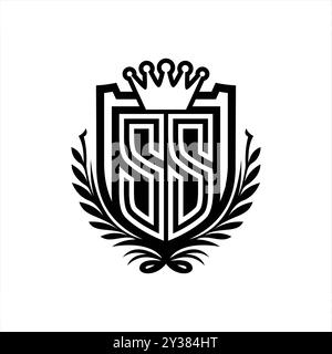 SS-Letter-Logo mit heraldischer Schildform mit Krone, Vintage-Schild auf weißem Hintergrund Stockfoto