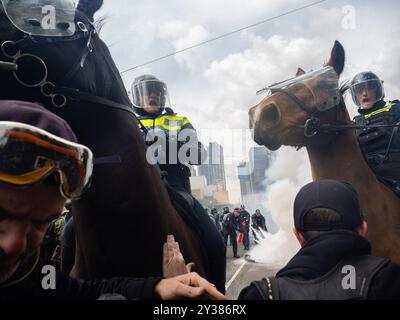 Berittene Offiziere zwingen die Menge über die Lamont-Brücke, während das Team für öffentliche Ordnung einen Müllbrand löscht, der von Demonstranten ausgelöst wurde. Eine geplante Blockade und Protest der Landstreitkräfte 2024, die größte Messe der Verteidigungsindustrie in der südlichen Hemisphäre, brach den ganzen Tag über in Auseinandersetzungen mit der Polizei aus. Die Demonstranten, die versuchten, den Zugang zum Kongress zu verhindern, warfen Gegenstände und Flüssigkeiten auf Offiziere, bauten kleine Blockaden und begannen Müllfeuer, während die Polizei Gewalt, Pfefferspray, Tränengas, Betäubungsgranaten und Gummigeschosse auf die Demonstranten einsetzte Stockfoto