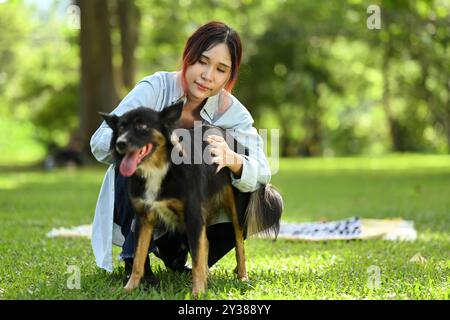 Glückliche junge Frau spielt und genießt die Zeit mit ihrem Border Bollie Hund in einem Park. Outdoor-Aktivitäten, Tierpflege und Wellness-Konzept Stockfoto