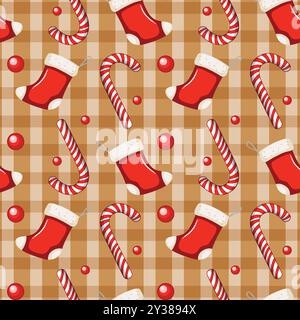 Nahtloses Muster mit Strümpfen und Zuckerstangen Stock Vektor