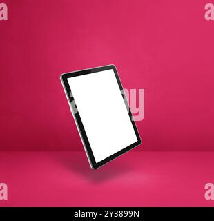 Leerer Tablet-pc-Computer, der über einem rosafarbenen Hintergrund schwebt. Isolierte 3D-Abbildung. Quadratische Schablone Stockfoto