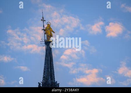 Spitzen der Türme des Mailänder Doms, bei Sonnenaufgang (Lombardei, Italien) I pinnacoli delle guglie del Duomo di Milano all'alba (Italia) Stockfoto