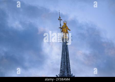 Spitzen der Türme des Mailänder Doms, bei Sonnenaufgang (Lombardei, Italien) I pinnacoli delle guglie del Duomo di Milano all'alba (Italia) Stockfoto