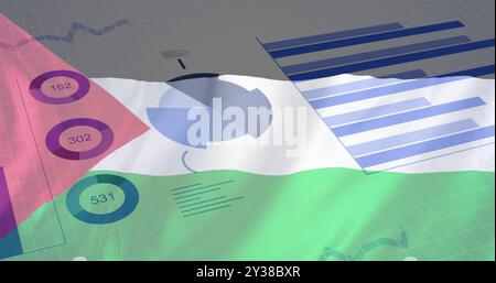 Grafiken und Diagrammbilder über dem Hintergrund der Palästinensischen Flagge Stockfoto