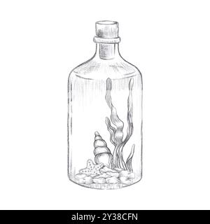 Handgezeichnete schwarze Kohle Bleistiftflaschen und Muschelkomposition isoliert auf weißem Hintergrund. Marine-Illustration kann für Karten, Etiketten und Einladungen verwendet werden Stockfoto