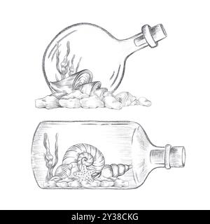 Handgezeichnete schwarze Kohle Bleistiftflaschen und Muschelkomposition isoliert auf weißem Hintergrund. Marine-Illustration kann für Karten, Etiketten und Einladungen verwendet werden Stockfoto