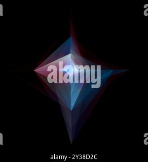Ätherische vierzackige Sternform strahlt leuchtendes blaues und rosafarbenes Licht aus und ähnelt einem Quantenenergiekonstrukt oder interdimensionalem Portal gegen eine Dunkelheit Stockfoto